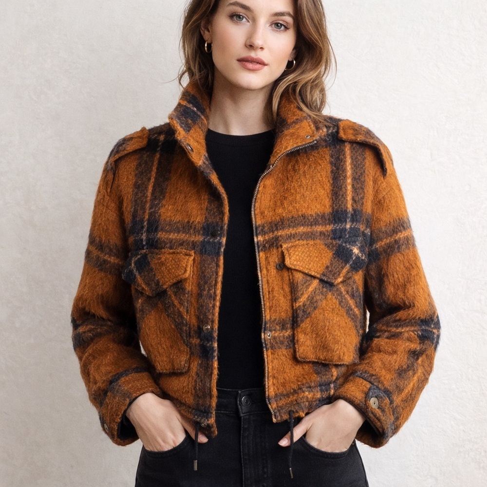 Nine‎ West Orange and Black Plaid Teddy Jacket-size Large